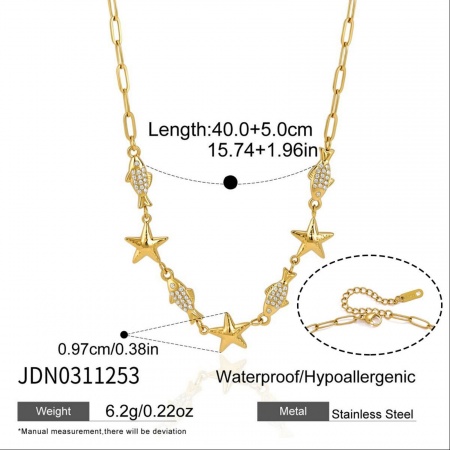 Picture of Wholesale Fish Animal Star Fish Clear Cubic Zirconia Pendant Charm Necklace, 18K Real Gold Plated 304 Stainless Steel Paperclip Link Chain, Women's Eco-friendly PVD Ocean Jewelry Exquisite Gift Jewelry For Retailer, 40cm(15.7") + 5cm(2") long, 1 Piece