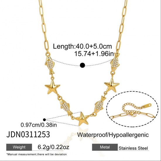 Picture of Wholesale Fish Animal Star Fish Clear Cubic Zirconia Pendant Charm Necklace, 18K Real Gold Plated 304 Stainless Steel Paperclip Link Chain, Women's Eco-friendly PVD Ocean Jewelry Exquisite Gift Jewelry For Retailer, 40cm(15.7") + 5cm(2") long, 1 Piece