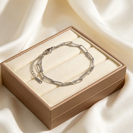 Immagine di Wholesale 304 Stainless Steel Paperclip Link Chain Double Layered Bracelet, Silver Tone Eco-friendly PVD, Women's Simple Dainty Gift Jewelry Supply, 17cm(6.7") + 5cm(2") long, 1 Piece