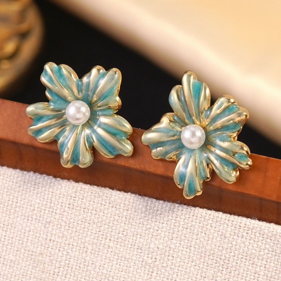Immagine di Elegante Pastorale Naturale Orecchini a Perno All'Ingrosso, Fiore Verde Blu Smalto Placcato Oro 18K 304 Acciaio Inossidabile, Donne Regalo Fornitura di Gioielli, 23mm x 25mm, 1 Paio