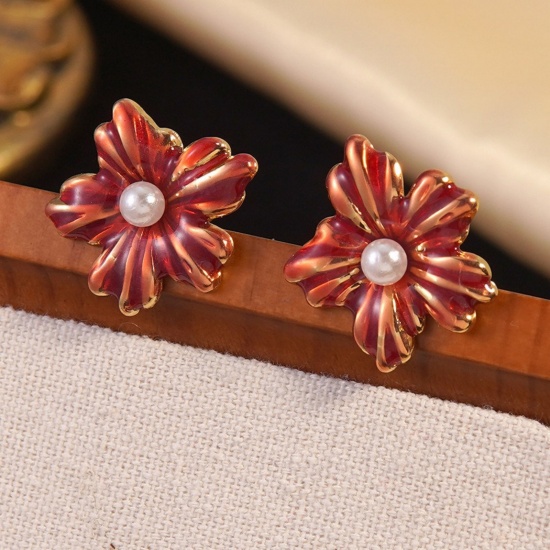 Immagine di Elegante Pastorale Naturale Orecchini a Perno All'Ingrosso, Fiore Rosso Smalto Placcato Oro 18K 304 Acciaio Inossidabile, Donne Regalo Fornitura di Gioielli, 23mm x 25mm, 1 Paio
