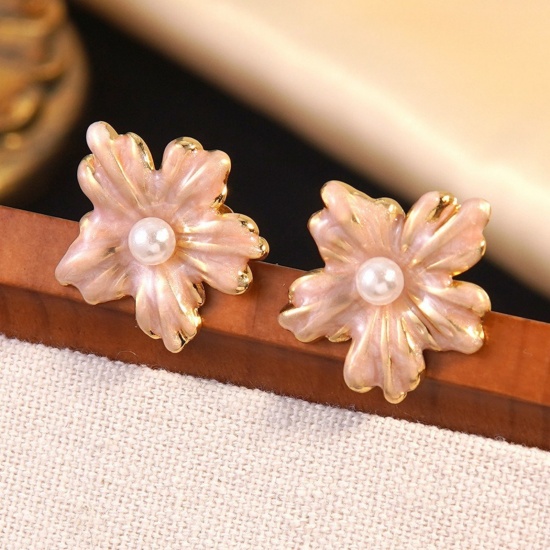 Immagine di Elegante Pastorale Naturale Orecchini a Perno All'Ingrosso, Fiore Bianco Sporco Smalto Placcato Oro 18K 304 Acciaio Inossidabile, Donne Regalo Fornitura di Gioielli, 23mm x 25mm, 1 Paio