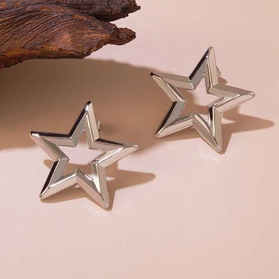 Picture of Wholesale Stylish Dainty Ear Post Stud Earrings, Pentagram Star Silver Tone 304 Stainless Steel, Women's Gift Jewelry Supply, 1 Pair