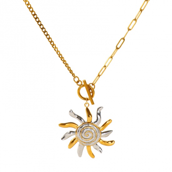 Picture of Wholesale Sun Two Tone Pendant Charm Necklace, 18K Real Gold Plated & Silver Tone 304 Stainless Steel Paperclip Link Chain, Women's Eco-friendly PVD Waterproof Anti-Tarnish Hypoallergenic Galaxy Stylish Gift Jewelry For Retailer, 47cm(18.5") long, 1 Piece