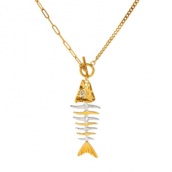 Picture of Wholesale Fish Bone Two Tone Pendant Charm Necklace, 18K Real Gold Plated & Silver Tone 304 Stainless Steel Paperclip Link Chain, Women's Eco-friendly PVD Waterproof Anti-Tarnish Hypoallergenic Ocean Jewelry Stylish Gift Jewelry For Retailer, 47cm(18.5") long, 1 Piece