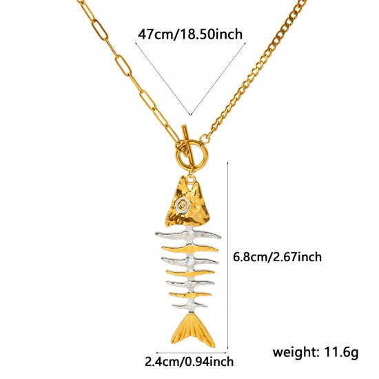 Picture of Wholesale Fish Bone Two Tone Pendant Charm Necklace, 18K Real Gold Plated & Silver Tone 304 Stainless Steel Paperclip Link Chain, Women's Eco-friendly PVD Waterproof Anti-Tarnish Hypoallergenic Ocean Jewelry Stylish Gift Jewelry For Retailer, 47cm(18.5") long, 1 Piece