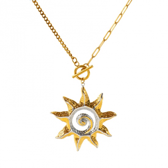 Picture of Wholesale Sun Spiral Two Tone Pendant Charm Necklace, 18K Real Gold Plated & Silver Tone 304 Stainless Steel Paperclip Link Chain, Women's Eco-friendly PVD Waterproof Anti-Tarnish Hypoallergenic Galaxy Stylish Gift Jewelry For Retailer, 47cm(18.5") long, 1 Piece