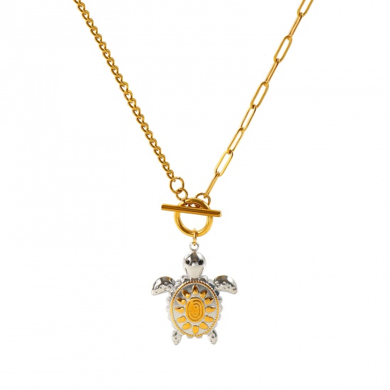 Picture of Wholesale Tortoise Animal Two Tone Pendant Charm Necklace, 18K Real Gold Plated & Silver Tone 304 Stainless Steel Paperclip Link Chain, Women's Eco-friendly PVD Waterproof Anti-Tarnish Hypoallergenic Ocean Jewelry Stylish Gift Jewelry For Retailer, 47cm(18.5") long, 1 Piece