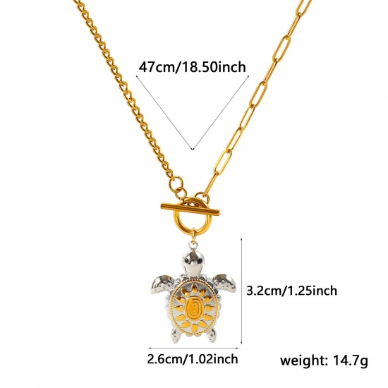 Picture of Wholesale Tortoise Animal Two Tone Pendant Charm Necklace, 18K Real Gold Plated & Silver Tone 304 Stainless Steel Paperclip Link Chain, Women's Eco-friendly PVD Waterproof Anti-Tarnish Hypoallergenic Ocean Jewelry Stylish Gift Jewelry For Retailer, 47cm(18.5") long, 1 Piece