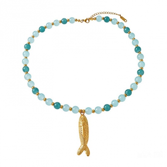Picture of Wholesale Fish Animal Pink Pendant Charm Necklace, 18K Gold Plated 304 Stainless Steel & Glass Beaded Chain, Women's Eco-friendly PVD Stylish & Casual Natural Pastoral Gift Jewelry For Retailer, 40cm(15.7") + 7cm(2.8") long, 1 Piece