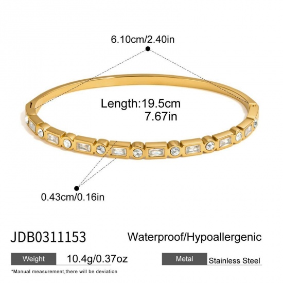 Picture of Wholesale 304 Stainless Steel & Cubic Zirconia Bangles Bracelets, 18K Gold Plated PVD, Women's Stylish & Casual Dainty Gift Jewelry Supply, 19.5cm(7 5/8") long, 1 Piece