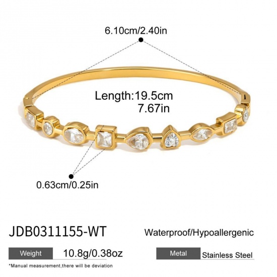 Picture of Wholesale 304 Stainless Steel & Cubic Zirconia Bangles Bracelets, 18K Gold Plated PVD, Women's Stylish & Casual Dainty Gift Jewelry Supply, 19.5cm(7 5/8") long, 1 Piece