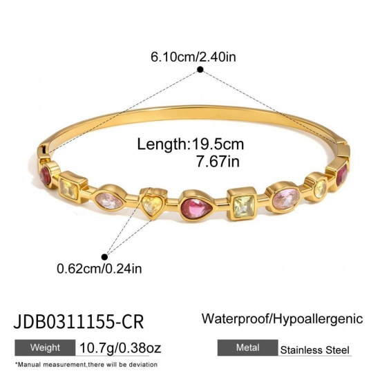 Picture of Wholesale 304 Stainless Steel & Cubic Zirconia Bangles Bracelets, 18K Gold Plated PVD, Women's Stylish & Casual Dainty Gift Jewelry Supply, 19.5cm(7 5/8") long, 1 Piece