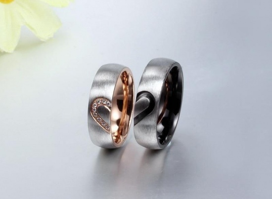 Picture of Stainless Steel Stylish Unadjustable Rings Rose Gold Broken Heart Clear Rhinestone 15mm(US Size 4), 1 Piece