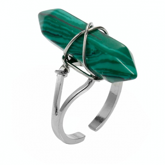 Picture of Brass Yoga Healing Open Rings Silver Tone Peacock Green Imitation Turquoise Irregular 19.1mm(US Size 9.25), 1 Piece                                                                                                                                           