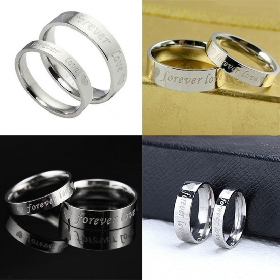 Picture of Titanium Steel Men's Unadjustable Rings Gold Plated & Silver Tone Message " Forever Love " 18.3mm(US Size 8.25), 1 Piece