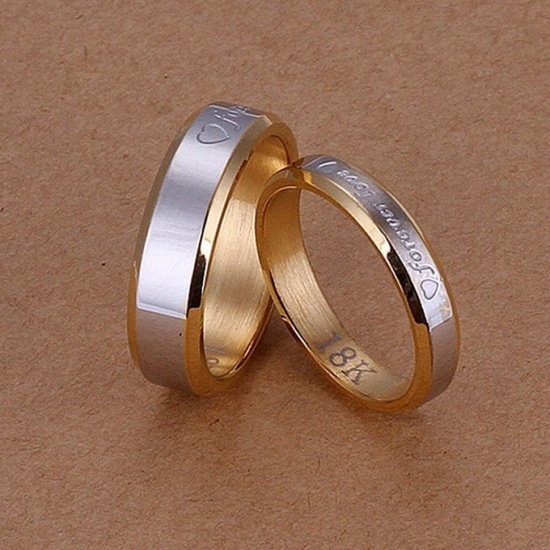 Picture of Titanium Steel Men's Unadjustable Rings Gold Plated & Silver Tone Message " Forever Love " 19.9mm(US Size 10), 1 Piece
