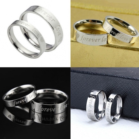 Immagine di Acciaio al titanio Di donna Non Regolabile Anello Oro Placcato & Tono Argento Lettere " Forever Love " 18.3mm (taglia di US: 8.25), 1 Pz