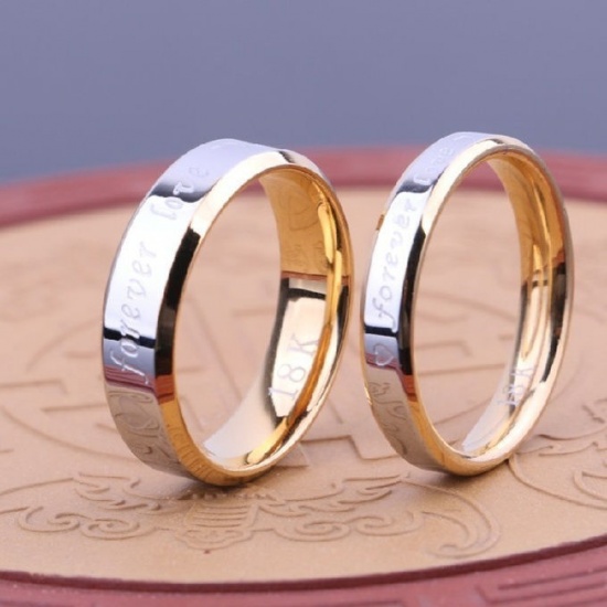 Picture of Titanium Steel Women's Unadjustable Rings Gold Plated & Silver Tone Message " Forever Love " 18.3mm(US Size 8.25), 1 Piece