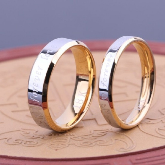 Immagine di Acciaio al titanio Di donna Non Regolabile Anello Oro Placcato & Tono Argento Lettere " Forever Love " 18.3mm (taglia di US: 8.25), 1 Pz