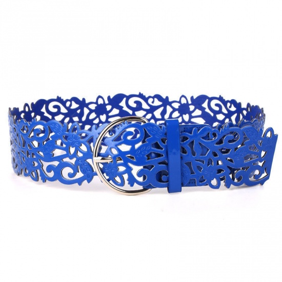 Picture of PU Leather Women's Belt Waistband Lace Silver Tone Royal Blue 103cm x 7cm, 1 Piece