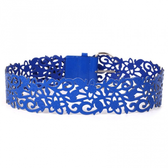 Picture of PU Leather Women's Belt Waistband Lace Silver Tone Royal Blue 103cm x 7cm, 1 Piece