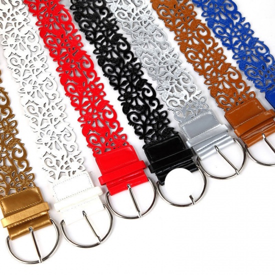 Picture of PU Leather Women's Belt Waistband Lace Silver Tone Golden 103cm x 7cm, 1 Piece