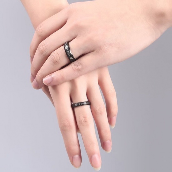 Immagine di Acciaio Inossidabile Non Regolabile Anello Nero Cuore " Forever Love" 19.1mm (taglia di US: 9.25), 1 Pz