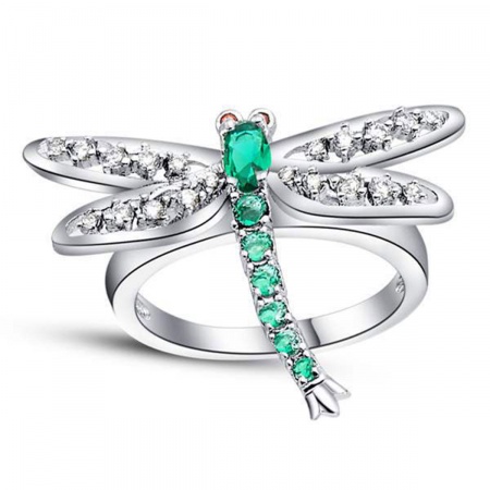 Picture of Brass Unadjustable Rings Dragonfly Animal Silver Tone Clear & Green Rhinestone 17.3mm(US Size 7), 1 Piece