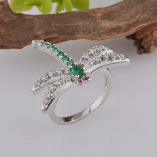 Picture of Brass Unadjustable Rings Dragonfly Animal Silver Tone Clear & Green Rhinestone 17.3mm(US Size 7), 1 Piece                                                                                                                                                     
