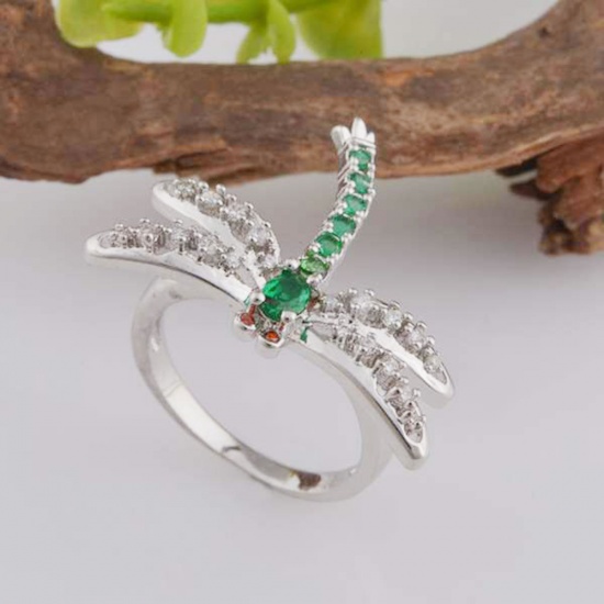 Picture of Brass Unadjustable Rings Dragonfly Animal Silver Tone Clear & Green Rhinestone 17.3mm(US Size 7), 1 Piece                                                                                                                                                     