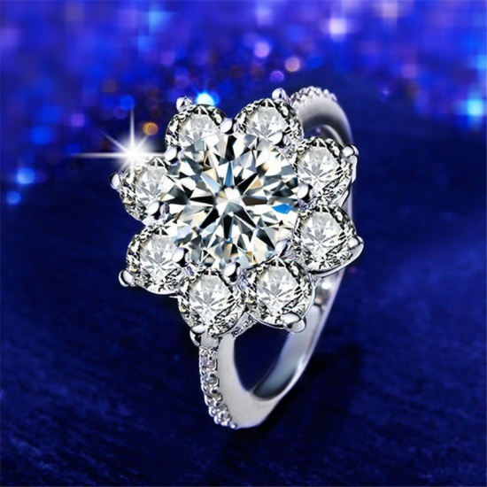 Picture of Brass Rings Silver Tone Flower Clear Cubic Zirconia 19.1mm(US Size 9.25), 1 Piece