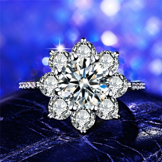Picture of Brass Rings Silver Tone Flower Clear Cubic Zirconia 19.1mm(US Size 9.25), 1 Piece