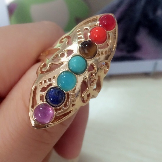 Picture of Brass Yoga Healing Open Adjustable Rings Flower Gold Plated Multicolor 16.7mm(US size 6.25), 1 Piece                                                                                                                                                          