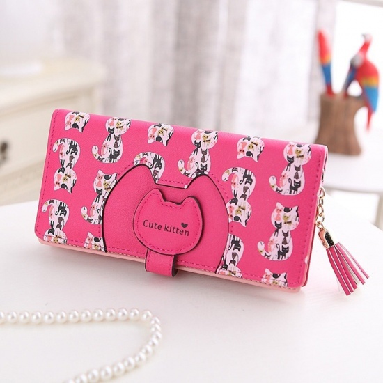 Picture of Fuchsia - PU Leather Wallets For Women Girls Cartoon Cute Cat Coin Card Holder 18.7cm x9.4cm(7 3/8" x3 6/8"), 1 Piece