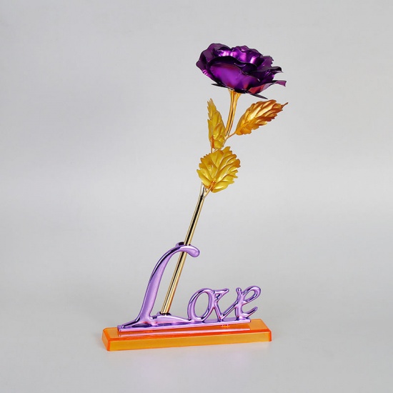 Picture of Purple - Plastic Rose Flower Base Holder Message " Love " Home Decorations Ornaments 14cm x8.3cm(5 4/8" x3 2/8"), 1 Piece
