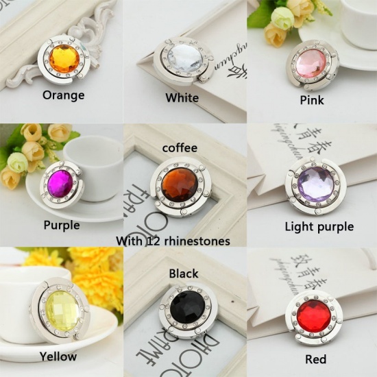 Picture of Zinc Based Alloy Portable Foldable Women's Handbag Purse Hanger Holder Table Hook Silver Tone Red Clear Rhinestone 4.4cm x 4.4cm, 1 Piece
