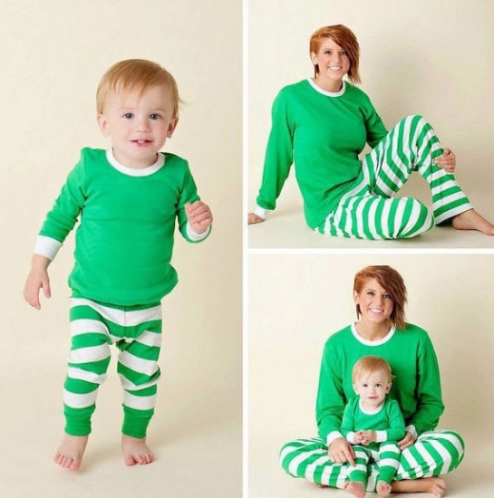Picture of Cotton Christmas Family Matching Sleepwear Nightwear Pajamas Set Green Stripe For Women Size S, 1 Set