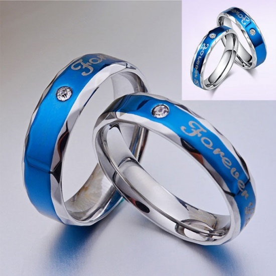 Immagine di Acciaio al titanio Non Regolabile Anello Tono Argento Blu Tondo " Forever Love" Trasparente Strass 17.5mm (taglia di US: 7.25), 1 Pz