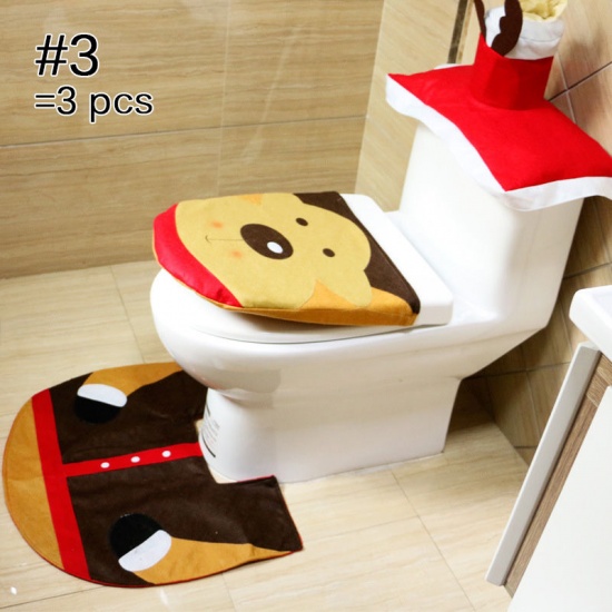 Picture of Brown - Christmas Reindeer Nonwovens Toilet Seat Cover Floor Mat 3PCs/Set Home Decoration, 1 Set