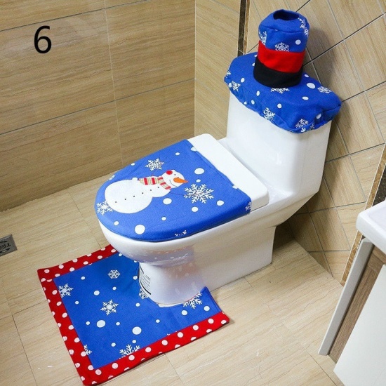 Picture of Blue - Christmas Snowman Nonwovens Toilet Seat Cover Floor Mat 3PCs/Set Home Decoration 55cm x53cm(21 5/8" x20 7/8") 44cm x35cm(17 3/8" x13 6/8") 38cm x32cm(15" x12 5/8"), 1 Set