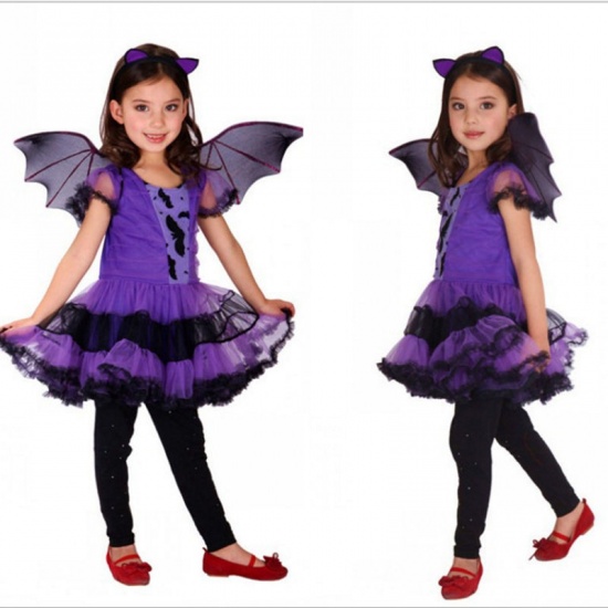 140cm オーガンジー 子供 キッズ ドレス ハロウィン コウモリ 紫 1セット(被り物・羽・スカート付) の画像