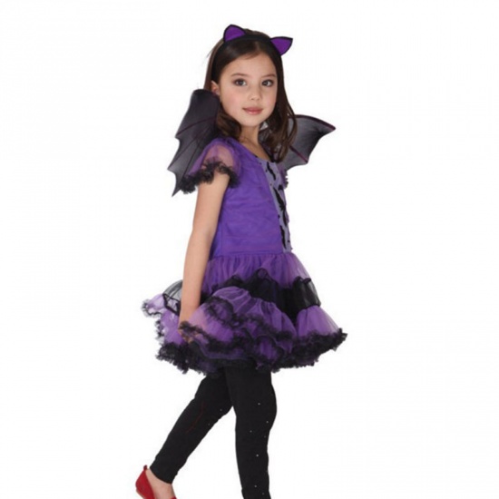 160cm オーガンジー 子供 キッズ ドレス ハロウィン コウモリ 紫 1セット(被り物・羽・スカート付) の画像