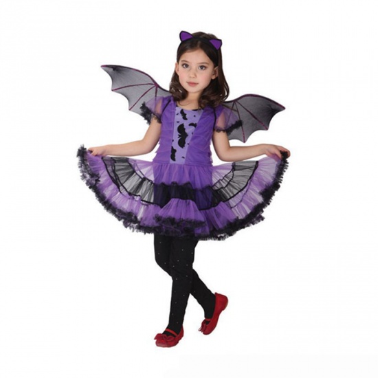 160cm オーガンジー 子供 キッズ ドレス ハロウィン コウモリ 紫 1セット(被り物・羽・スカート付) の画像