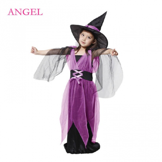 110cm オーガンジー 子供 キッズドレス ハロウィン 魔女 紫 1セット(帽子・スカート付) の画像