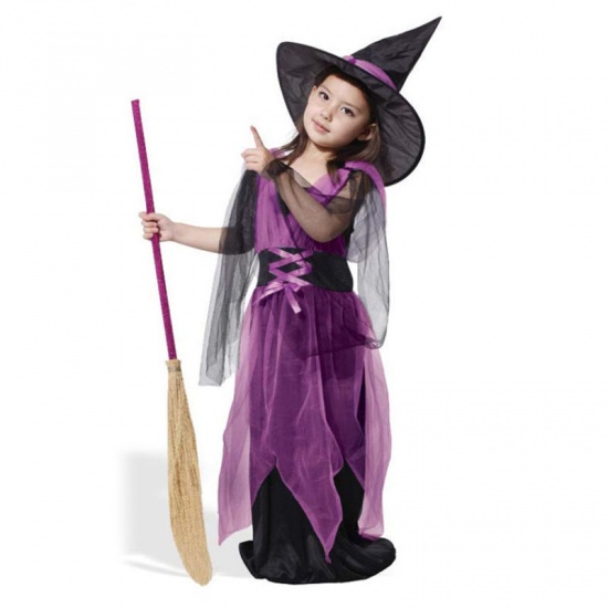 Bild von 110 cm Organza Kinder Kinder Kleid Halloween Hexe Lila 1 Set (mit Hut und Rock)