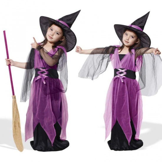 Picture of 110cm Organza Children Kids Dress Halloween Witch Purple 1 Set(With Hat And Skirt)