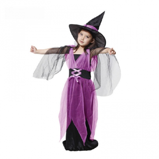 150cm オーガンジー 子供 キッズドレス ハロウィン 魔女 紫 1セット(帽子・スカート付) の画像