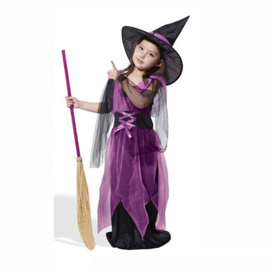 Picture of 150cm Organza Children Kids Dress Halloween Witch Purple 1 Set(With Hat And Skirt)