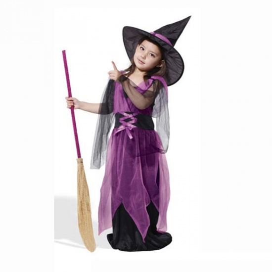 Picture of 160cm Organza Children Kids Dress Halloween Witch Purple 1 Set(With Hat And Skirt)